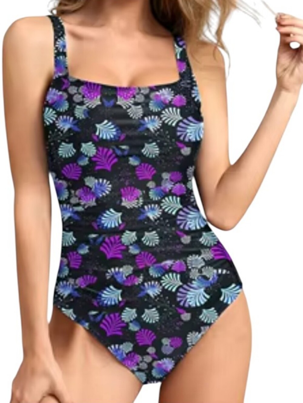 Black Purple Firework Padded Push Up One Piece Swimsuit SZ 16 with Tummy Control